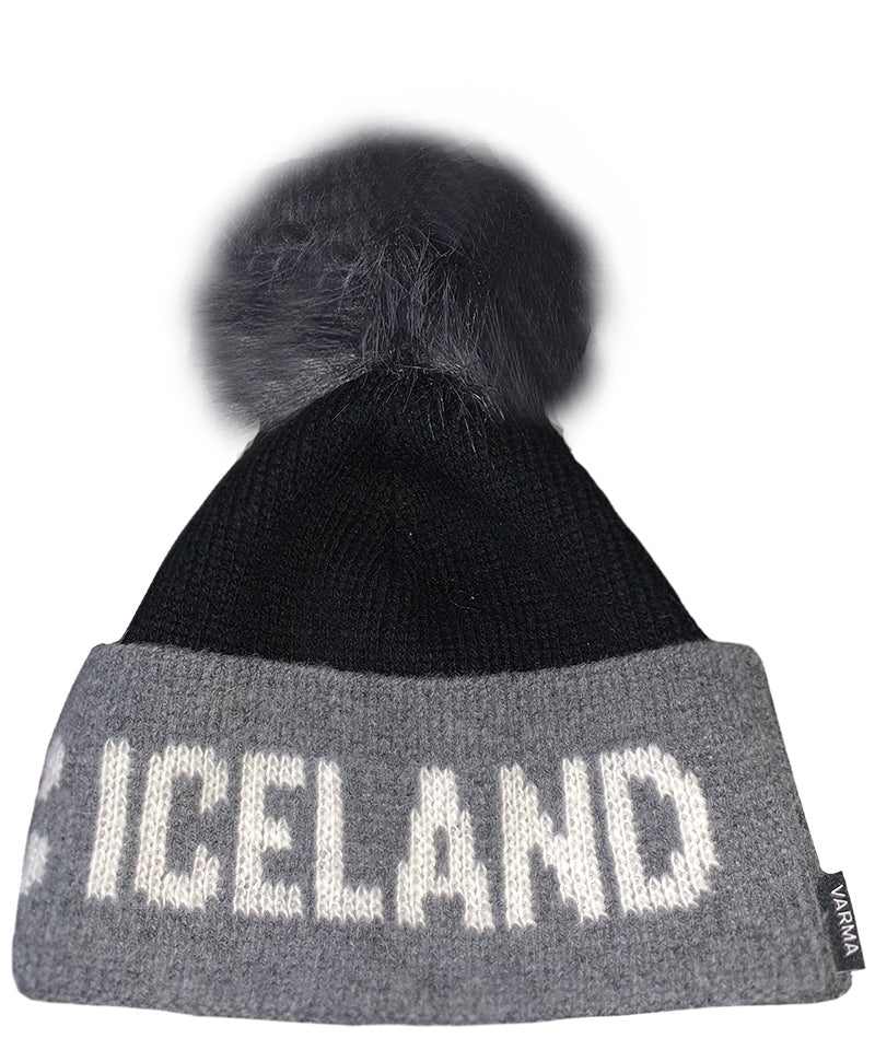Black and Gray World Chic x Iceland - Men and Women's Icelandic Wool Exclusive Beanie with a Pom - 100% Made in Iceland - World Chic