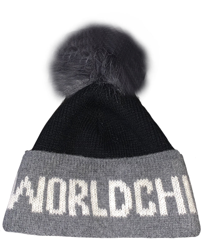 Black and Gray World Chic x Iceland - Men and Women's Icelandic Wool Exclusive Beanie with a Pom - 100% Made in Iceland - World Chic