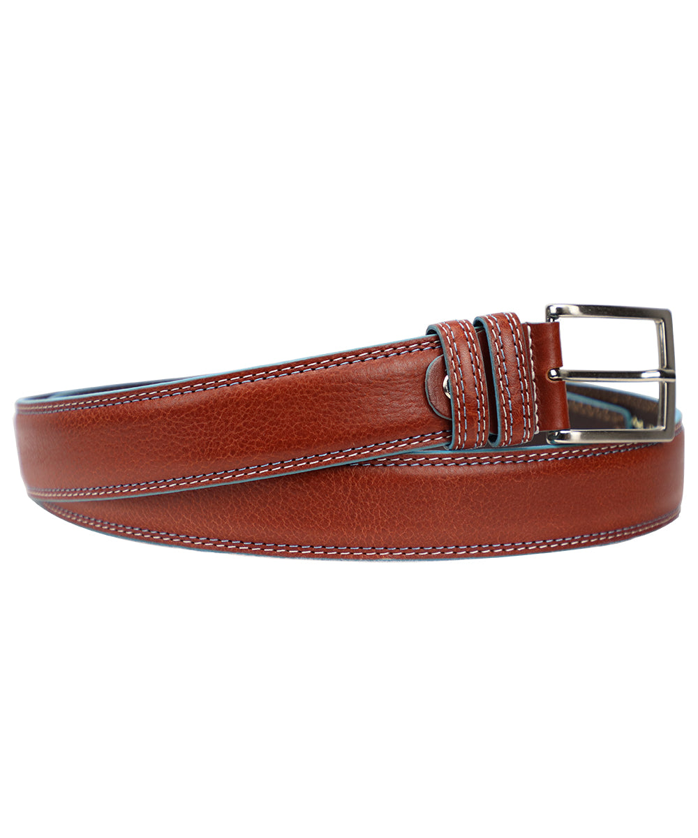 Men's Brown with a Blue trim Italian Leather Belt. 100% made in Italy - World Chic