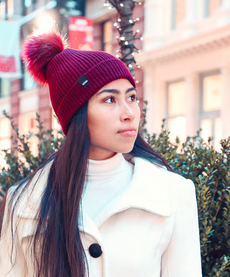 Burgundy Men and Women's Icelandic Wool Pom Beanie - 100% Made in Iceland - World Chic