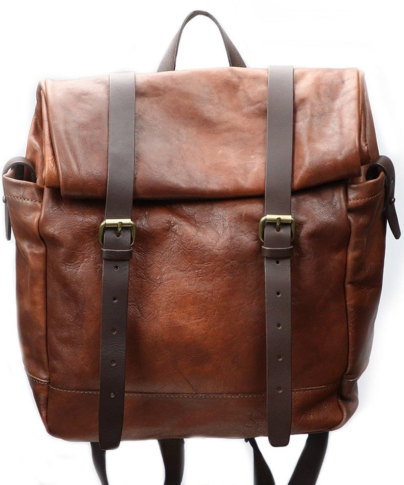 Vintage Brown Italian Leather Roll Backpack. 100% Made in Italy - World Chic