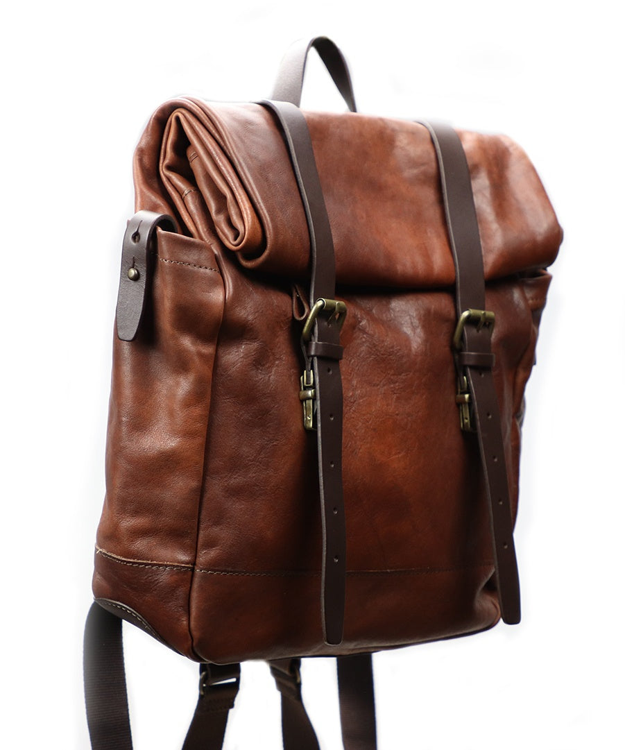 Vintage Brown Italian Leather Roll Backpack. 100% Made in Italy - World Chic