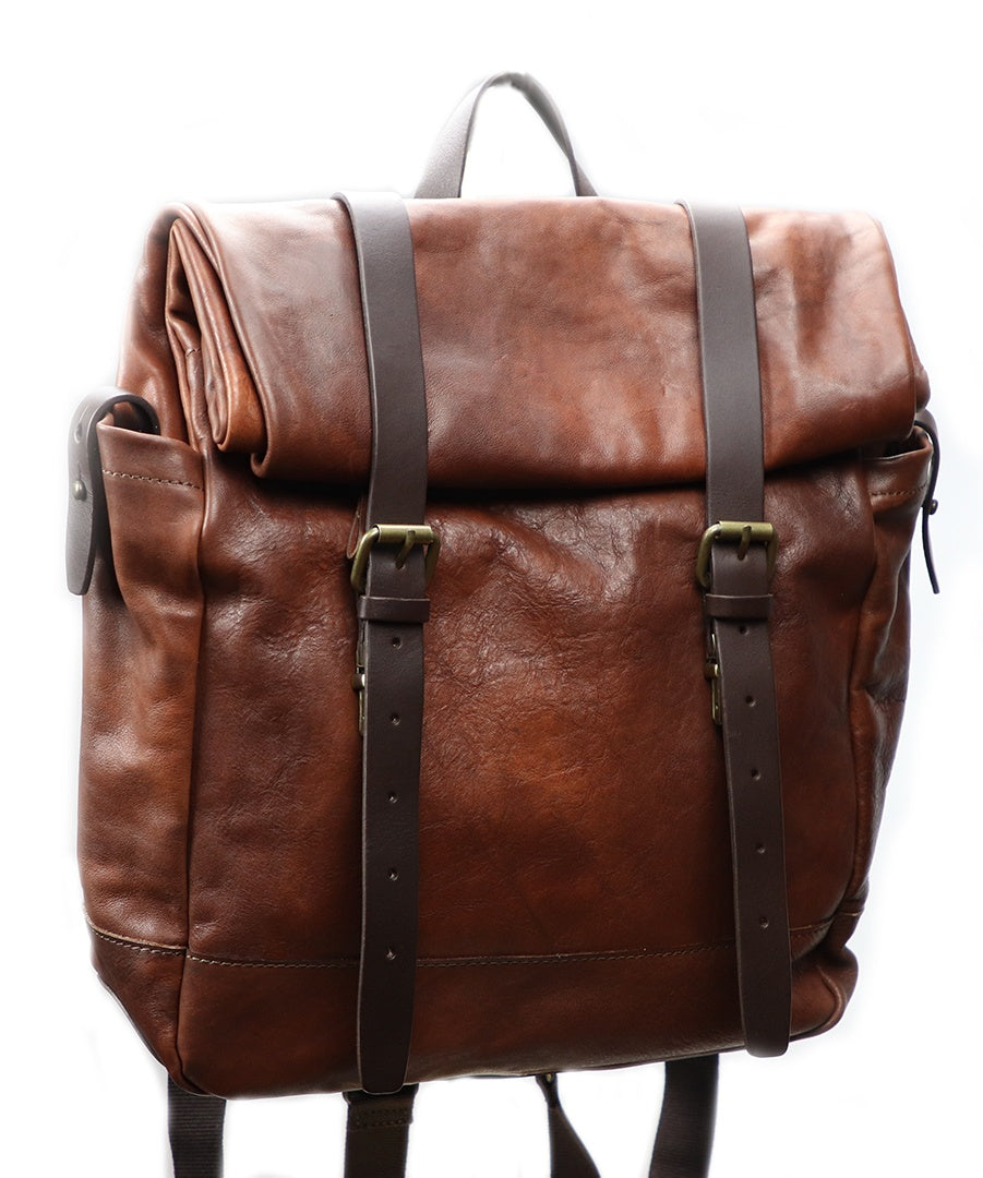Vintage Brown Italian Leather Roll Backpack. 100% Made in Italy - World Chic