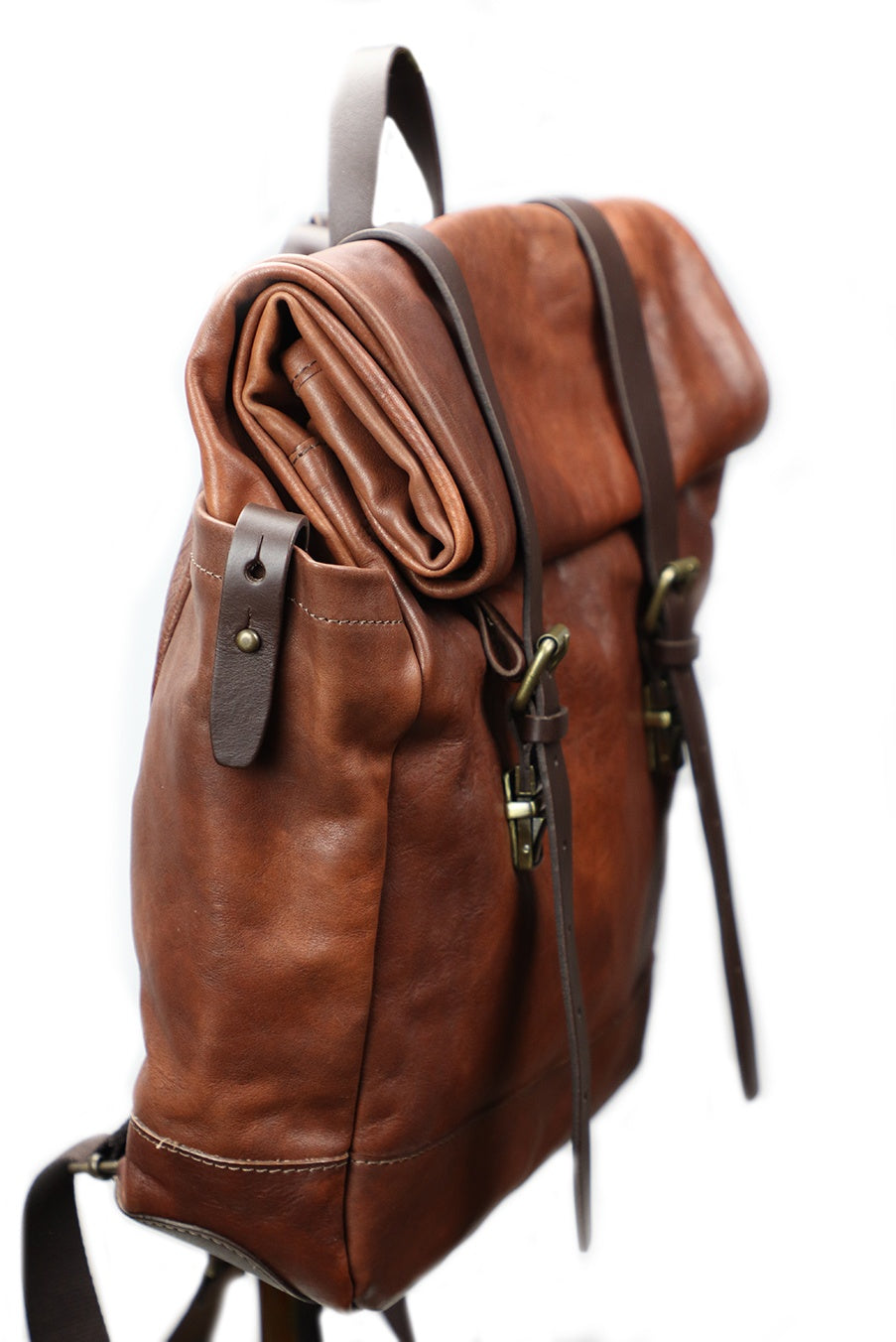 Vintage Brown Italian Leather Roll Backpack. 100% Made in Italy - World Chic
