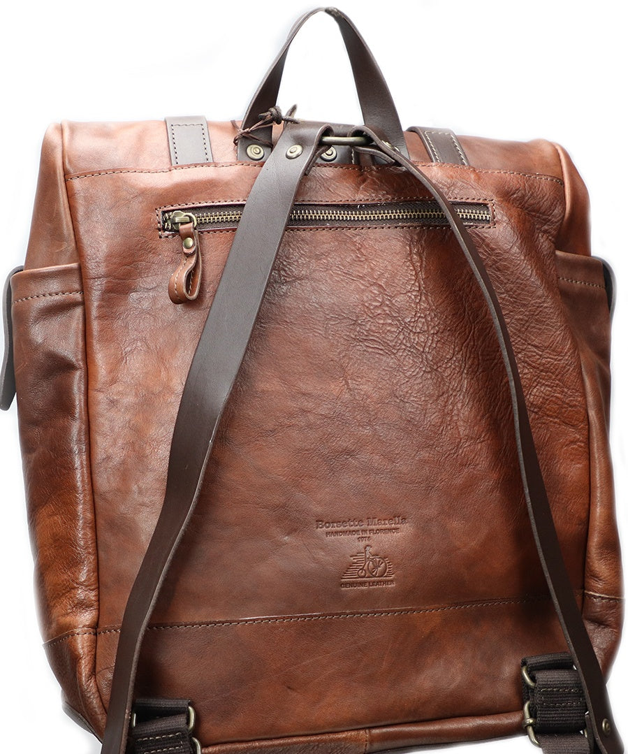 Vintage Brown Italian Leather Roll Backpack. 100% Made in Italy - World Chic