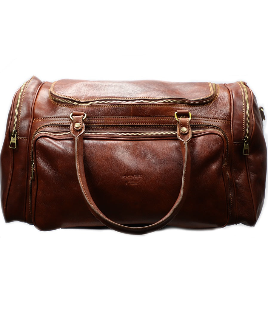 Large Travel Brown Italian Leather Duffle Bag. 100% made in Italy - World Chic