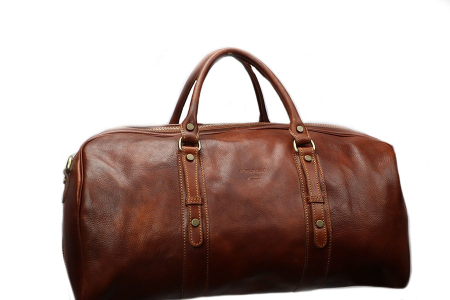 Brown Italian Leather Duffle Bag. 100% Made in Italy - World Chic