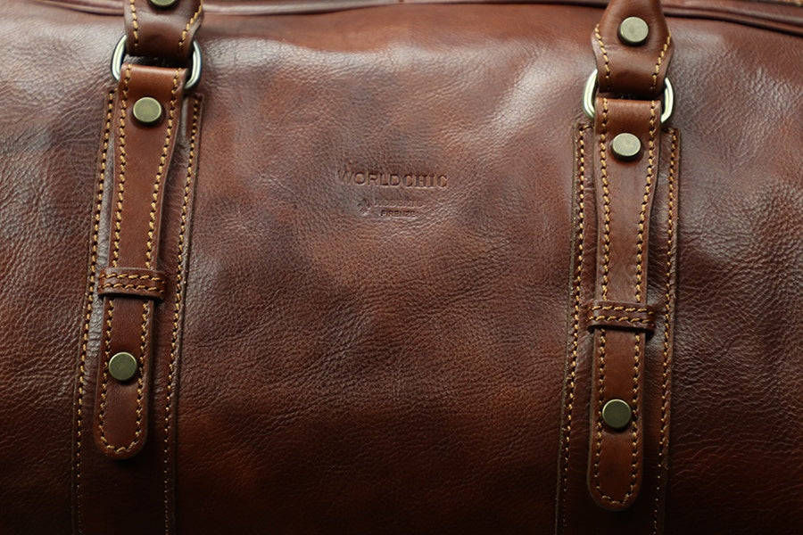 Brown Italian Leather Duffle Bag. 100% Made in Italy - World Chic
