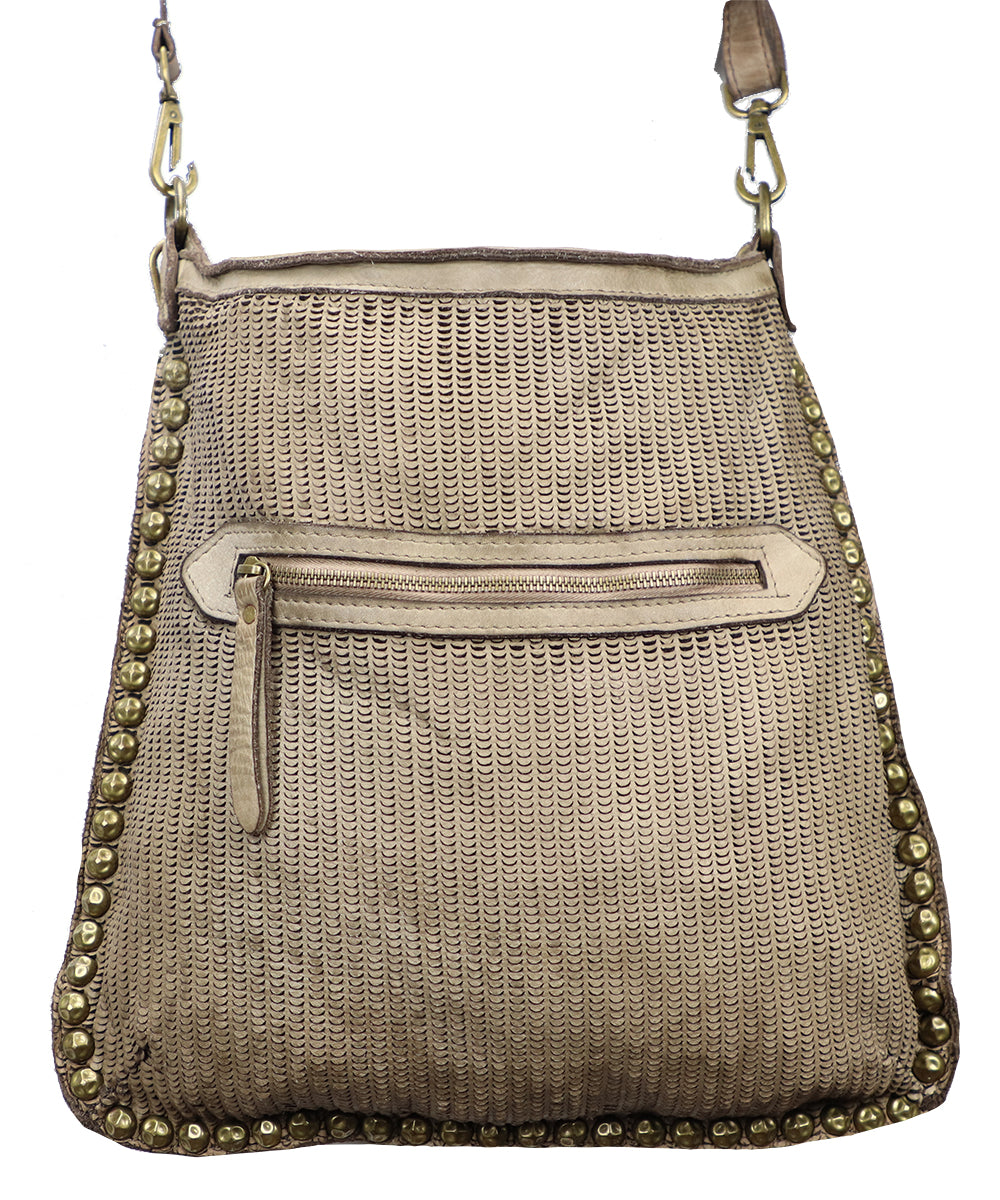 Women's Beige Italian Leather Stitched Handbag. 100% made in Italy - World Chic