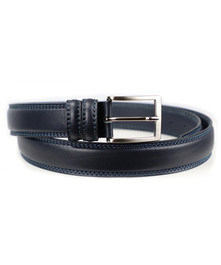 Double Stitch Belt - Dark Blue Men's Italian Leather Belt. 100% made in Italy - World Chic