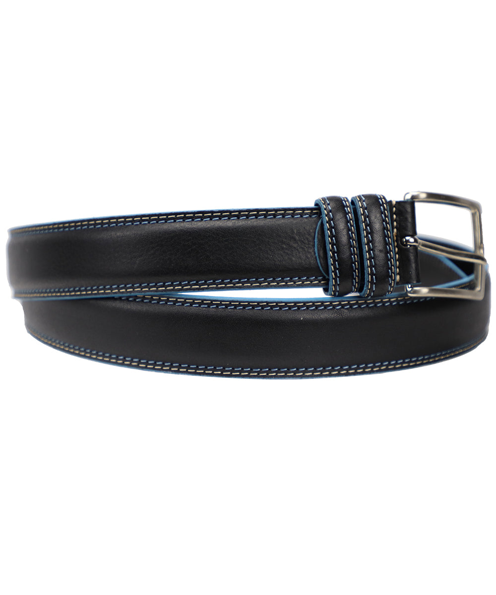 Men's Black with a Blue Trim Italian Leather Belt. 100% made in Italy - World Chic