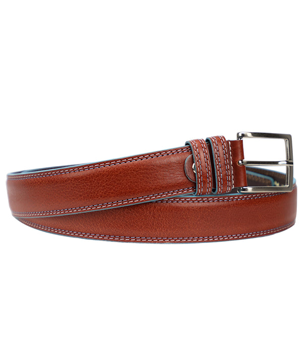 Men's Brown with a Blue trim Italian Leather Belt. 100% made in Italy - World Chic 