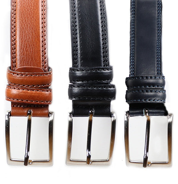 Double Stitch II Belts - Tan, Black and Dark Blue - Men's Italian Leather Belt. 100% made in Italy - World Chic