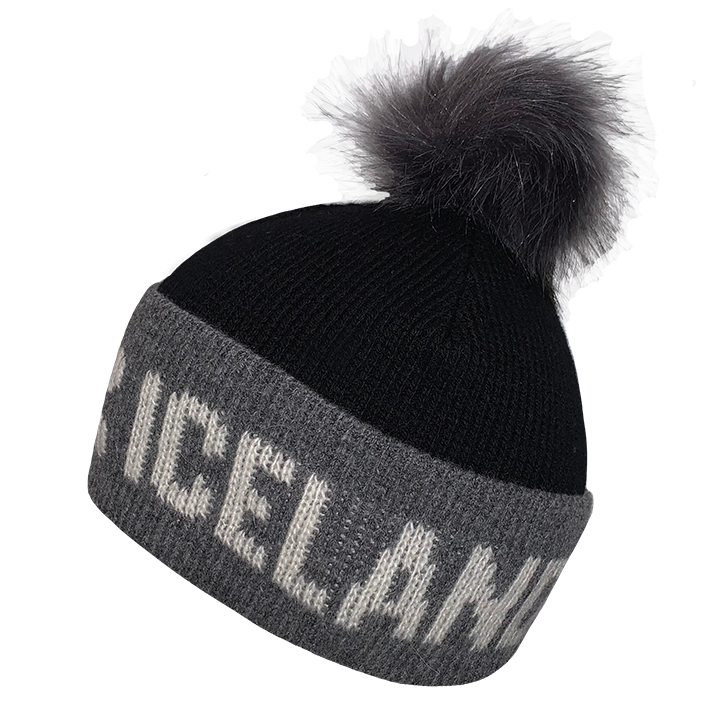 Black and Gray World Chic x Iceland - Men and Women's Icelandic Wool Exclusive Beanie with a Pom - 100% Made in Iceland - World Chic