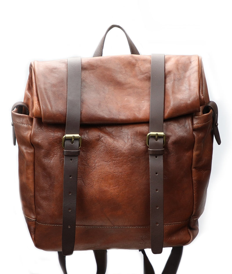 Vintage Brown Italian Leather Roll Backpack. 100% Made in Italy - World Chic