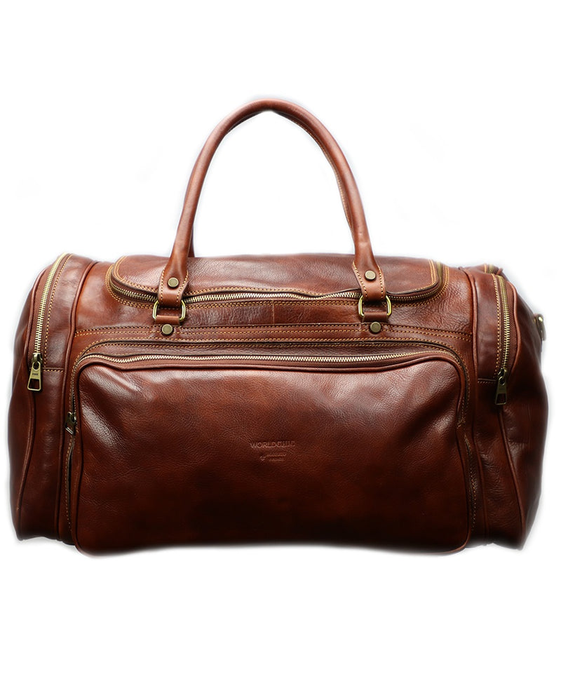 Large Travel Brown Italian Leather Duffle Bag. 100% made in Italy - World Chic
