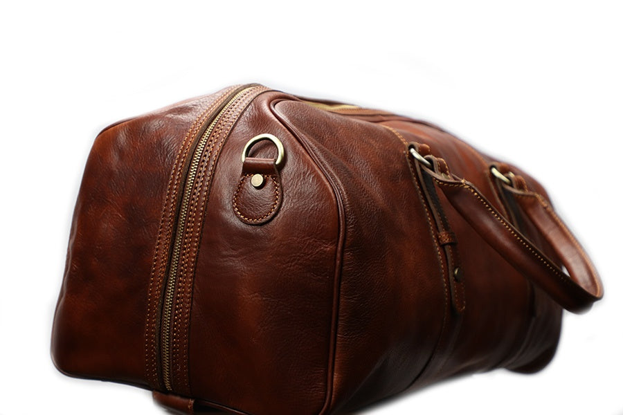Brown Italian Leather Duffle Bag. 100% Made in Italy - World Chic