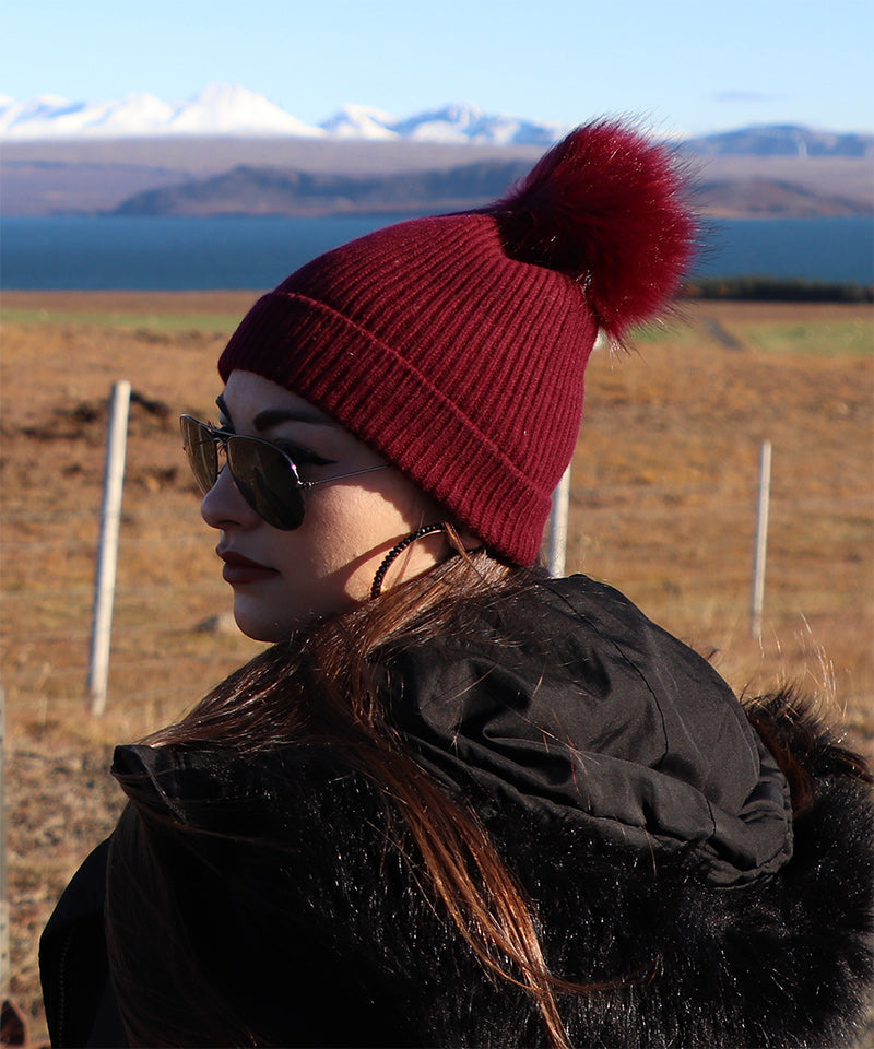 Burgundy Men and Women's Icelandic Wool Pom Beanie - 100% Made in Iceland - World Chic