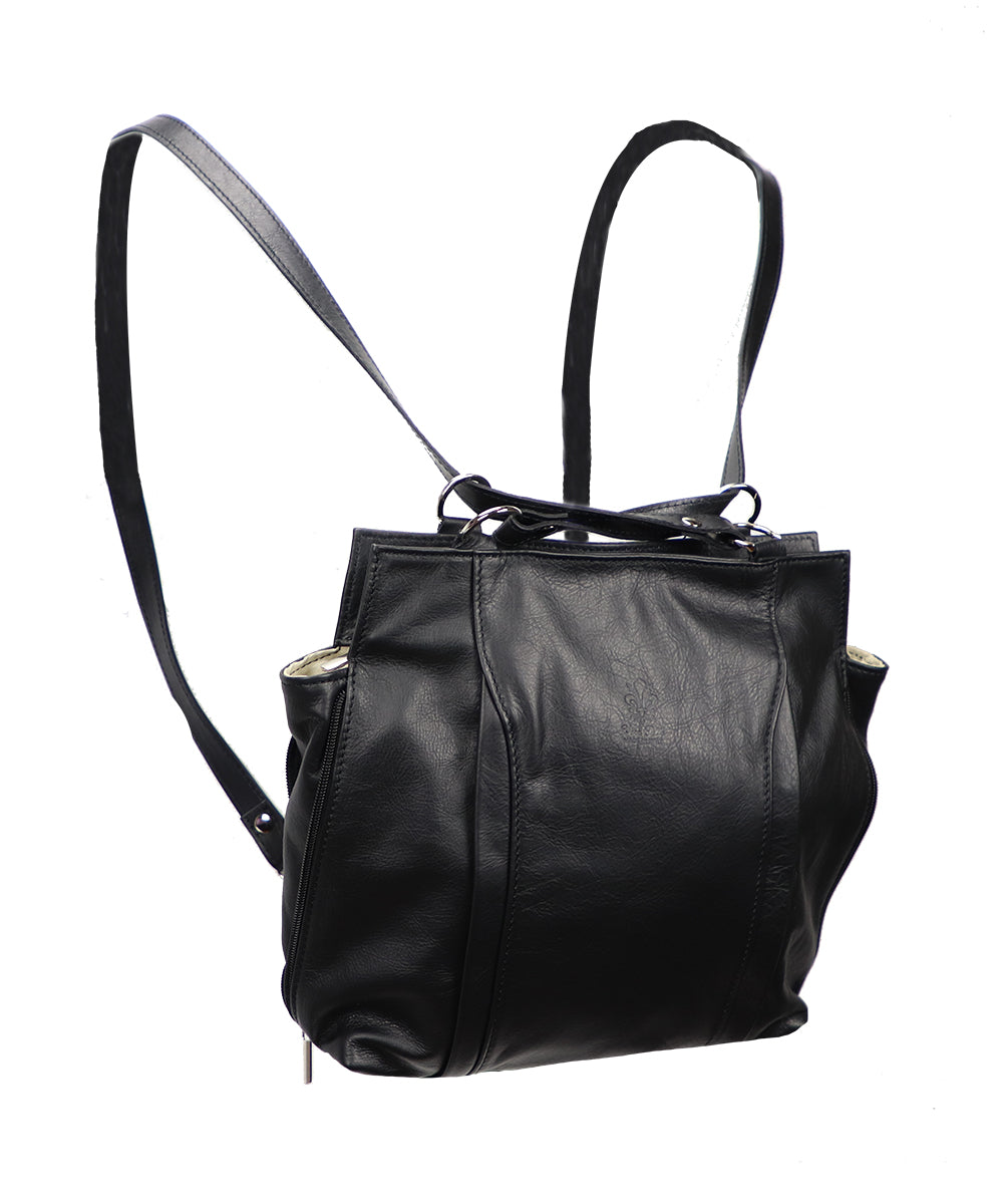 Women's black Italian leather bag and backpack at World Chic